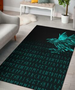 Viking Style Area Rug - The Raven Of Odin Rune Cyan Viking Area Rug