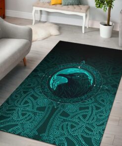 Viking Style Area Rug, Ethnic Odin Raven Cyan Viking Area Rug