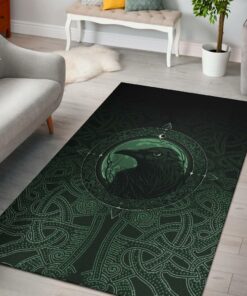 Viking Style Area Rug, Ethnic Odin Raven Green Viking Area Rug