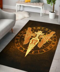 Gold Spear Of The God Odin - Gungnir And Two Gold Ravens Viking Area Rug