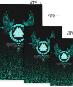 Viking Area Rug Three Raven And Valknut Cyan Viking Area Rug