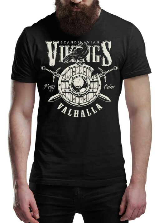 Crow & Shield Pray To Odin T-Shirt Epic Valhalla Vikings Tee Shirt Norway Norse Mythology Viking Shirt Unisex