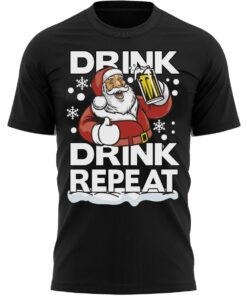 Drink Drink Repeat Santa Christmas T-Shirt Fun Xmas Tee Shirt Gift Present