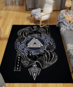 Raven And Valknut Vikingorse Mythology Sigil Runes Viking Area Rug