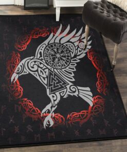 Viking God Modern Area Rugs, Viking Raven & Old Rune Rug Personalized Carpet Viking