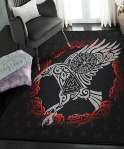 Viking God Modern Area Rugs, Viking Raven & Old Rune Rug Personalized Carpet Viking