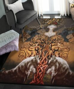 Viking Modern Rugs, Viking Tree Of Life Mjolnir Fenrir Raven Rug Personalized Carpet Viking
