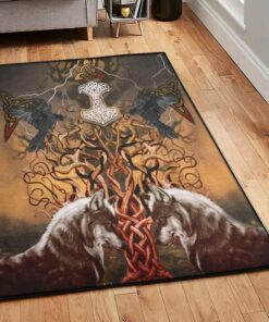 Viking Modern Rugs, Viking Tree Of Life Mjolnir Fenrir Raven Rug Personalized Carpet Viking