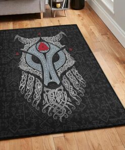 Viking God Washable Rugs, Viking Wolf And Raven Rug Personalized Carpet Viking