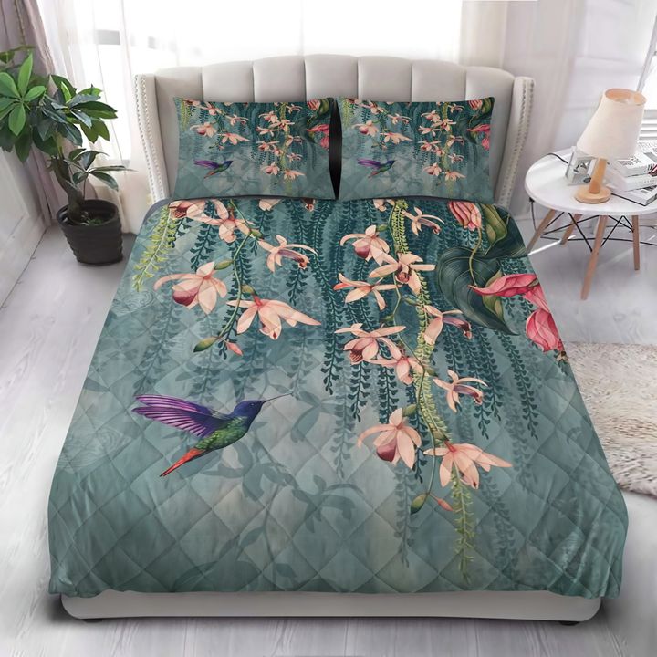 Boho Floral Hummingbird Quilt Bedding Set