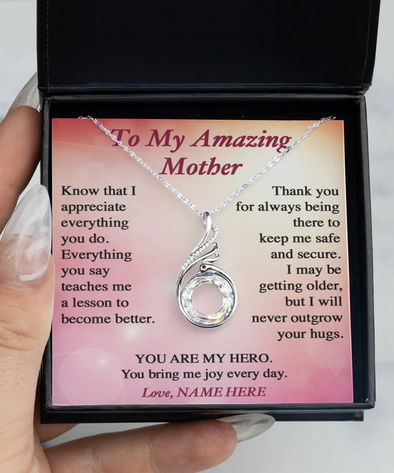 Rising Phoenix Necklace To My Mother, Personalized Mother's Day Message Card from daughter or son, Sterling Silver Phoenix Pendant Necklace