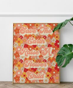 70s Inspired Poster Save The Earth Flower Child Floral Pattern Wall Art Canvas Print For Room Décor