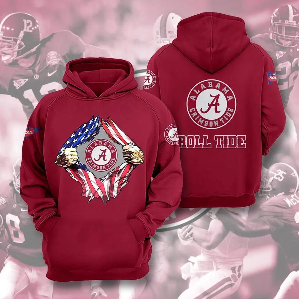 Alabama Crimson Tide American Flag Ripped For Fan 3D All Over Print Zip Hoodie Gifts For Ncaa Fans