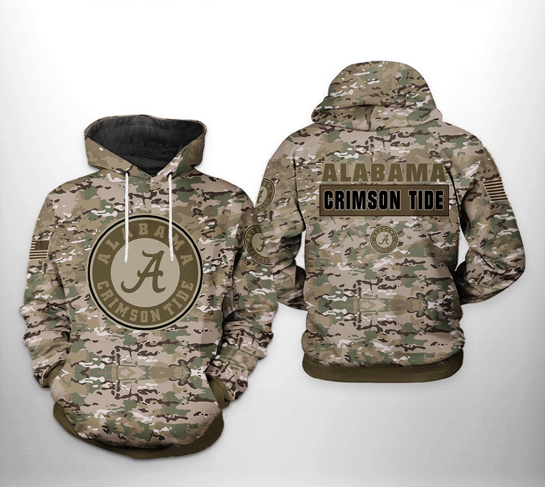 Alabama Crimson Tide Ncaa Camo Veteran 3D All Over Print Hoodie, Zip-Up Hoodie