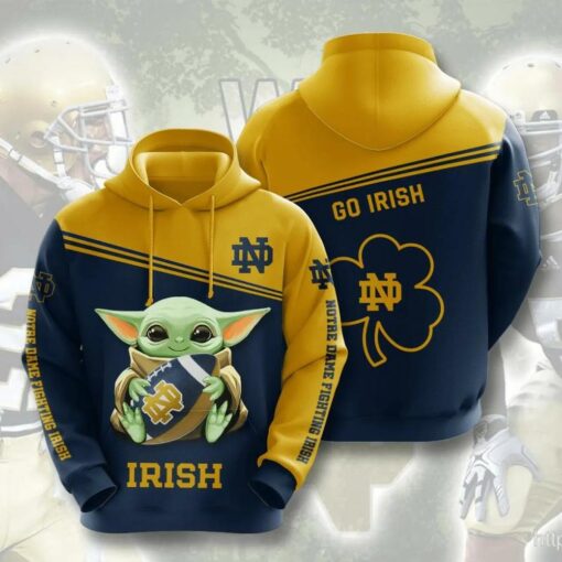 Baby Yoda Hug Ball Notre Dame Fighting Irish 3D All Over Print Zip Hoodie Gifts For Ncaa Fans