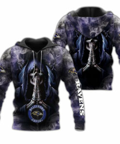 Baltimore Ravens Skull Hoodies Background Smoke Gifts for Fans