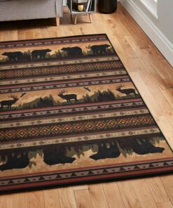 Bear Forest Area Rugs For Living Room, Rustic Bear And Moose Rug, Rustic Rug, Rustic Lodge Area Rugs, Carpet for Living Room A26