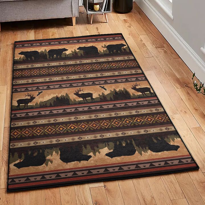 Bear Forest Area Rugs For Living Room, Rustic Bear And Moose Rug, Rustic Rug, Rustic Lodge Area Rugs, Carpet for Living Room A26