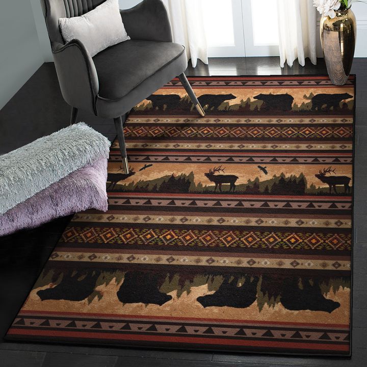 Bear Forest Area Rugs For Living Room, Rustic Bear And Moose Rug, Rustic Rug, Rustic Lodge Area Rugs, Carpet for Living Room A26