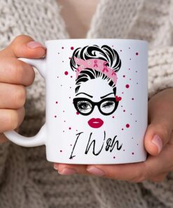 Breast Cancer Awareness Pink Ribbon Bun Hair I Won 11Oz White Ceramic Coffee Tea Mug, Gifts For Breast Cancer Women, Warriors, Survivors, On Birthday, Holiday