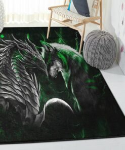 Canis Lupus Indoor Outdoor Carpet, Green Dragon And Wolf Rug, Dragon Area Rug, Dragon Themed Rugs, Gift For Dragon Lovers, Personalized Rug, Carpet For Living Room, Bedding Room Home Decor DG156