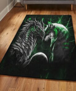 Canis Lupus Indoor Outdoor Carpet, Green Dragon And Wolf Rug, Dragon Area Rug, Dragon Themed Rugs, Gift For Dragon Lovers, Personalized Rug, Carpet For Living Room, Bedding Room Home Decor DG156