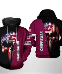 Central Michigan Chippewas Ncaa Us Flag Skull 3D All Over Print Hoodie, Zip-Up Hoodie