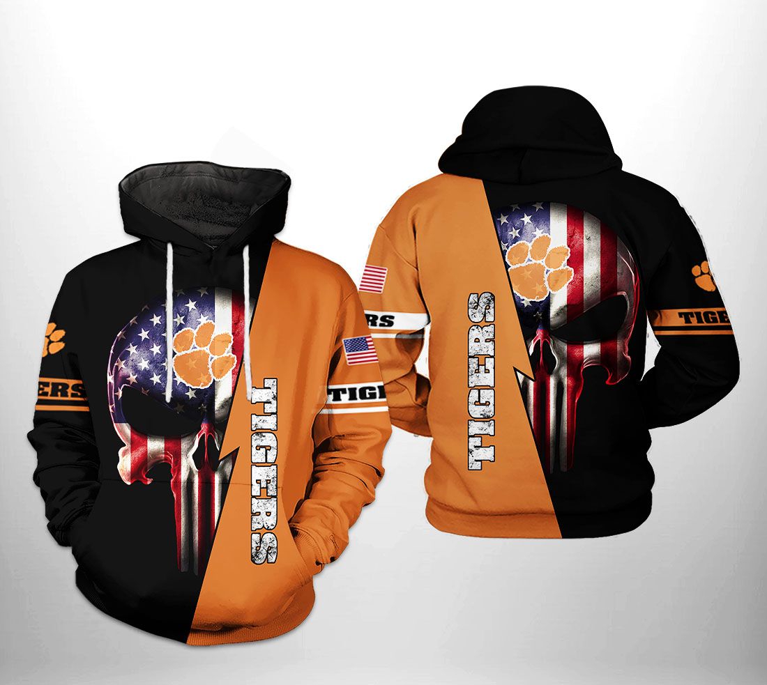 Clemson Tigers Ncaa Us Flag Skull 3D All Over Print Hoodie, Zip-Up Hoodie