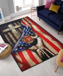 Cross Jesus Christ Proud American Firefighter Rugs, Firefighter Area Rug, Fireman Carpet Gifts for Dad, Son, Fireman, Firefighter Lovers