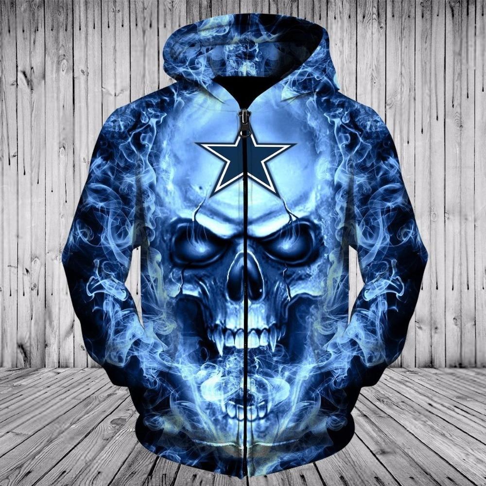 Dallas Cowboys Skull Hoodies 3D With Zipper Gifts for Fans