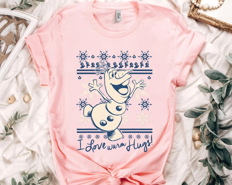 Disney Frozen Olaf I Love Warm Hugs Pattern Graphic T-Shirt, Disneyland Vacation, Unisex T-shirt Family Birthday Gift Adult Kid Toddler Tee
