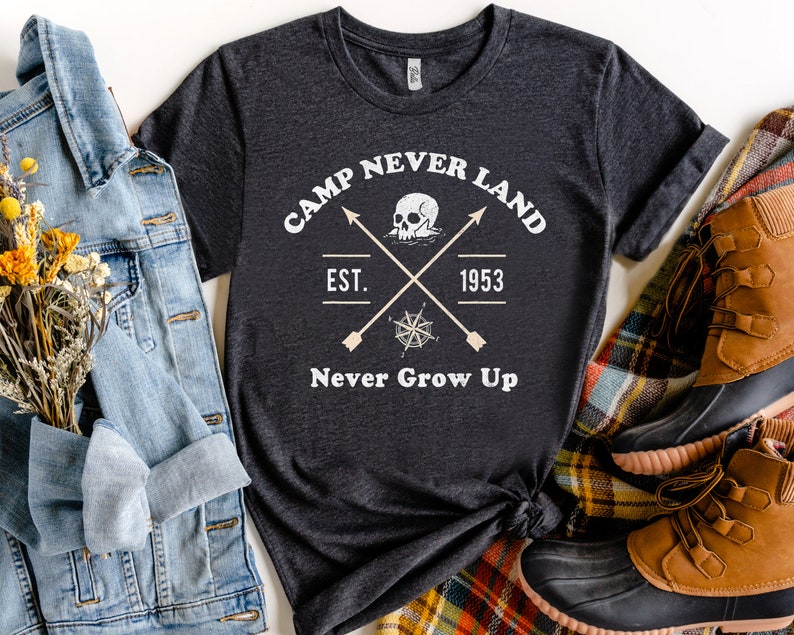 Disney Peter Pan Camp Never Land Est. 1953 Never Grow Up Shirt, Magic Kingdom Trip Unisex T-shirt Family Birthday Gift Adult Kid Toddler Tee