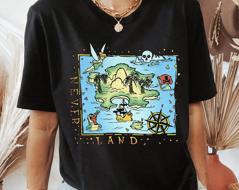 Disney Peter Pan Never Land Map Vintage Poster T-Shirt, Disneyland Family Vacation Trip Gift Unisex Adult T-shirt Kid T-shirt