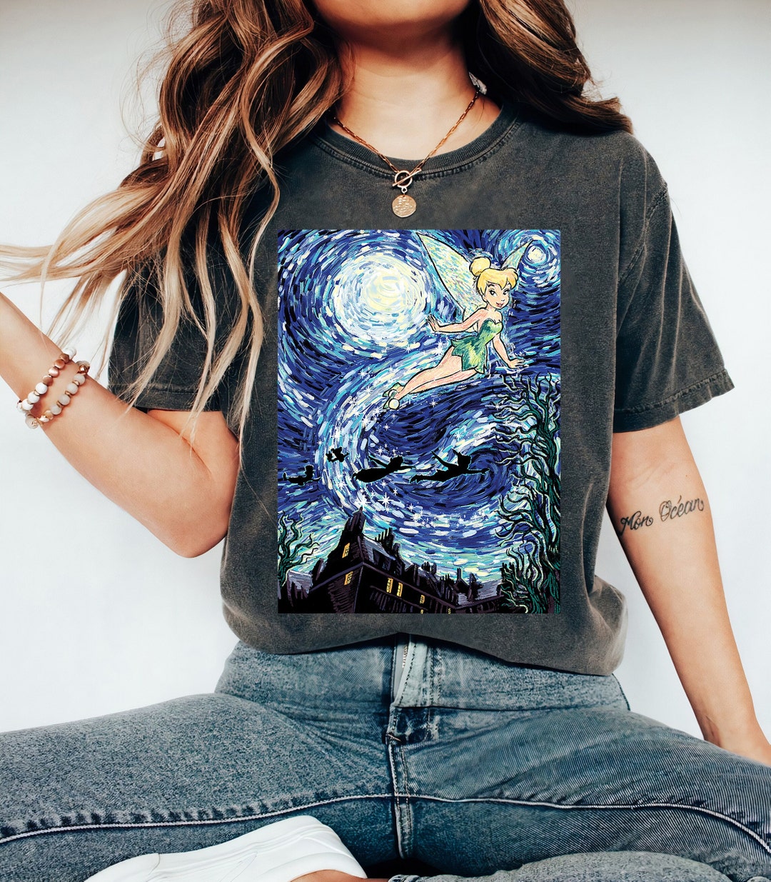 Disney Peter Pan Tinker Bell Starry Night Portrait T-Shirt, Magic Kingdom, Disneyland Family Trip Vacation Gift Unisex T-shirt Kid Shirt