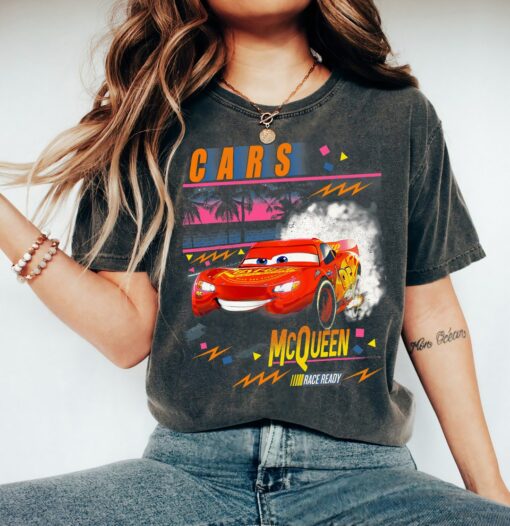 Disney Pixar Cars Lightning McQueen Palm Tree Sunset T-Shirt Vintage Race Shirt, Disneyland Family Vacation Gift Unisex T-shirt Kid Shirt