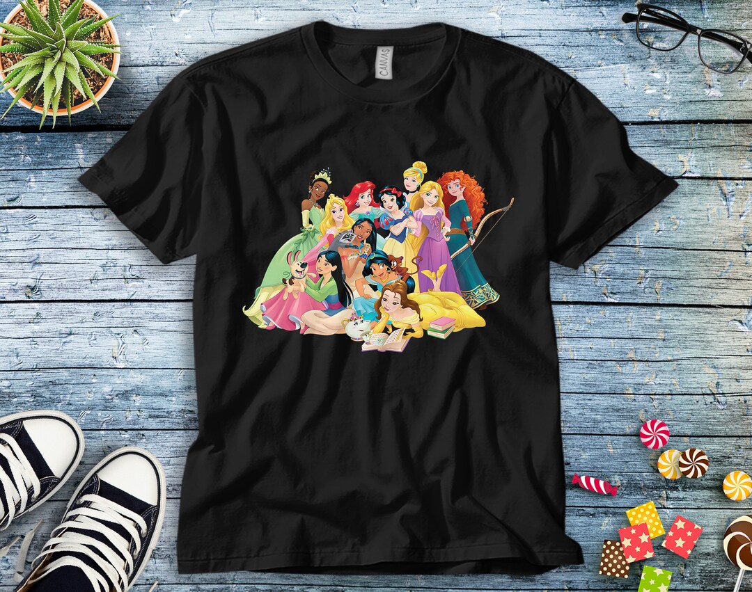 Disney Princess Group Snow White Cinderella Aurora Ariel Belle Jasmine Tiana Rapunzel Merida Moana Unisex Tee Adult T-shirt Kid Shirt
