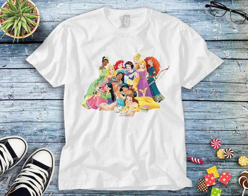 Disney Princess Group Snow White Cinderella Aurora Ariel Belle Jasmine Tiana Rapunzel Merida Moana Unisex Tee Adult T-shirt Kid Shirt
