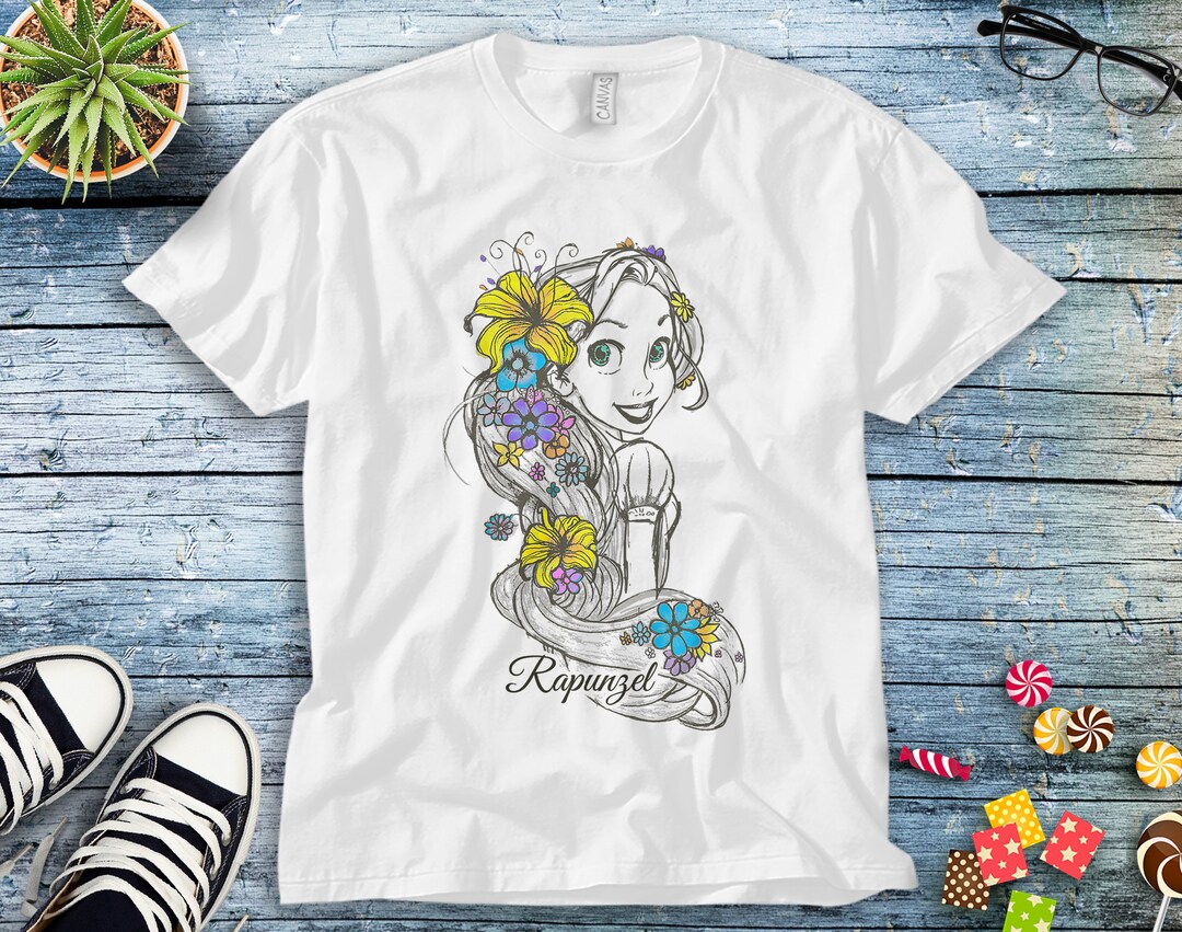Disney Rapunzel Princess Tangled Rapunzel Floral Sketch Portrait Unisex Tee Adult T-shirt Kid Shirt Long Sleeve Sweatshirt Woman's Tank