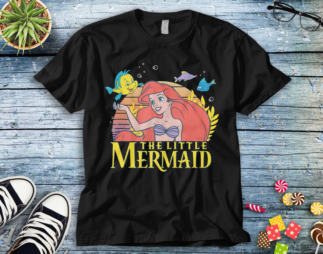 Disney The Little Mermaid Ariel And Flounder Sunset Portrait Unisex Tee Adult T-shirt Kid Shirt Long Sleeve Hoodie Sweatshirt Woman's Tank
