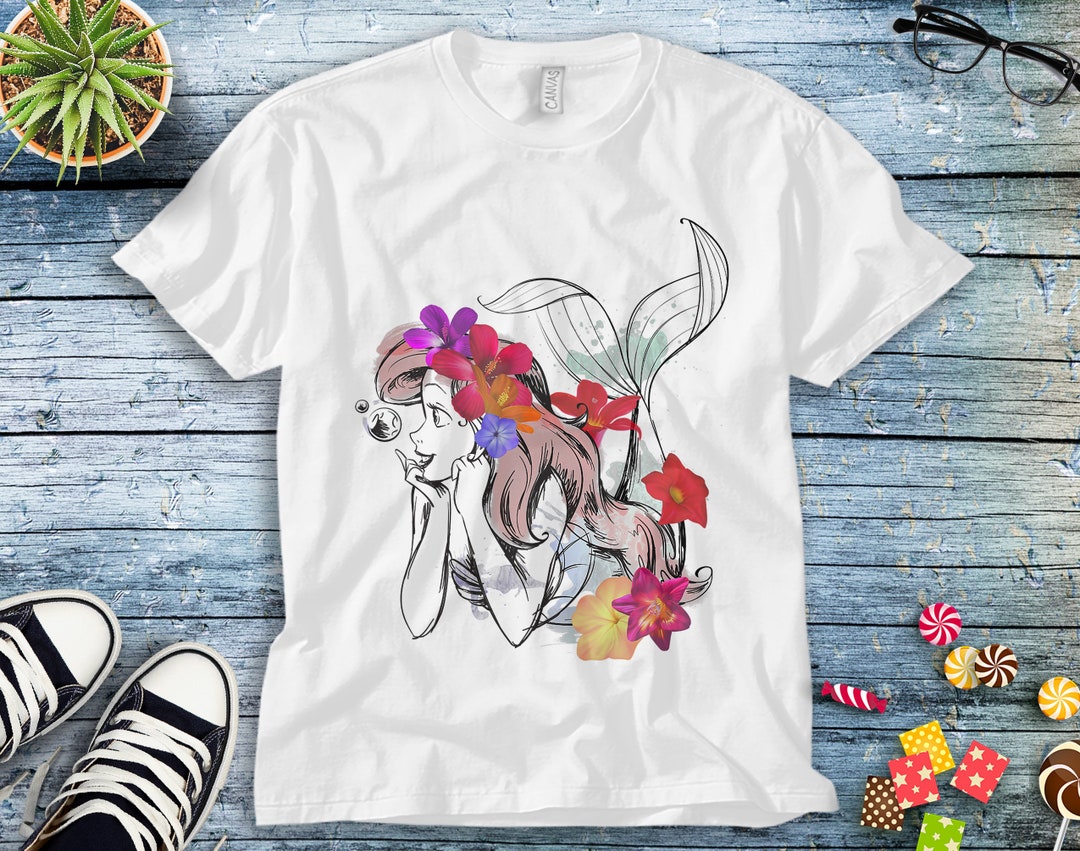 Disney The Little Mermaid Floral Watercolor Outline Unisex Tee Adult T-shirt Kid Shirt Long Sleeve Hoodie Sweatshirt Woman's Tank