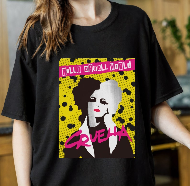Disney Villains Cruella Hello Cruell World Ransom Stencil Art T-shirt, Disneyland Family Trip Vacation Gift Unisex Adult T-shirt Kid Shirt