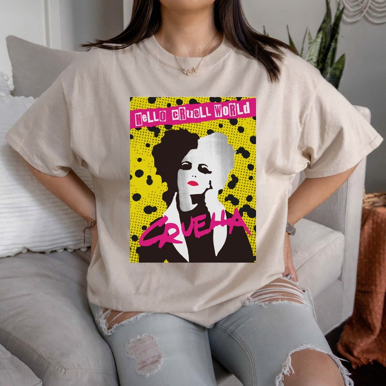 Disney Villains Cruella Hello Cruell World Ransom Stencil Art T-shirt, Disneyland Family Trip Vacation Gift Unisex Adult T-shirt Kid Shirt