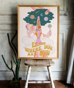 Enjoy Where You Are Now Motivational Quote Aesthetic Vintage 70s Poster Wall Art Canvas Prints