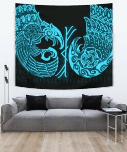 Fenrir Viking 3D Tattoo Blue Version Tapestry for Wall Décor