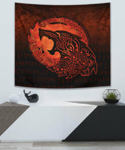 Fenrir Viking 3D Tattoo Orange Version Tapestry for Wall Décor