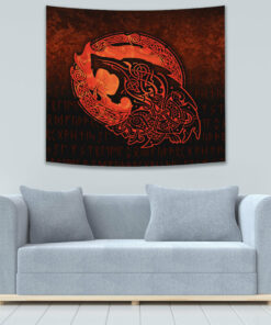 Fenrir Viking 3D Tattoo Orange Version Tapestry for Wall Décor