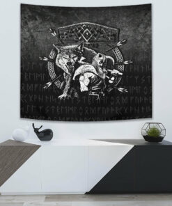 Fenrir Wolf Of Odin Norse Runes Thor Hammer Mjolnir Tapestry for Wall Décor