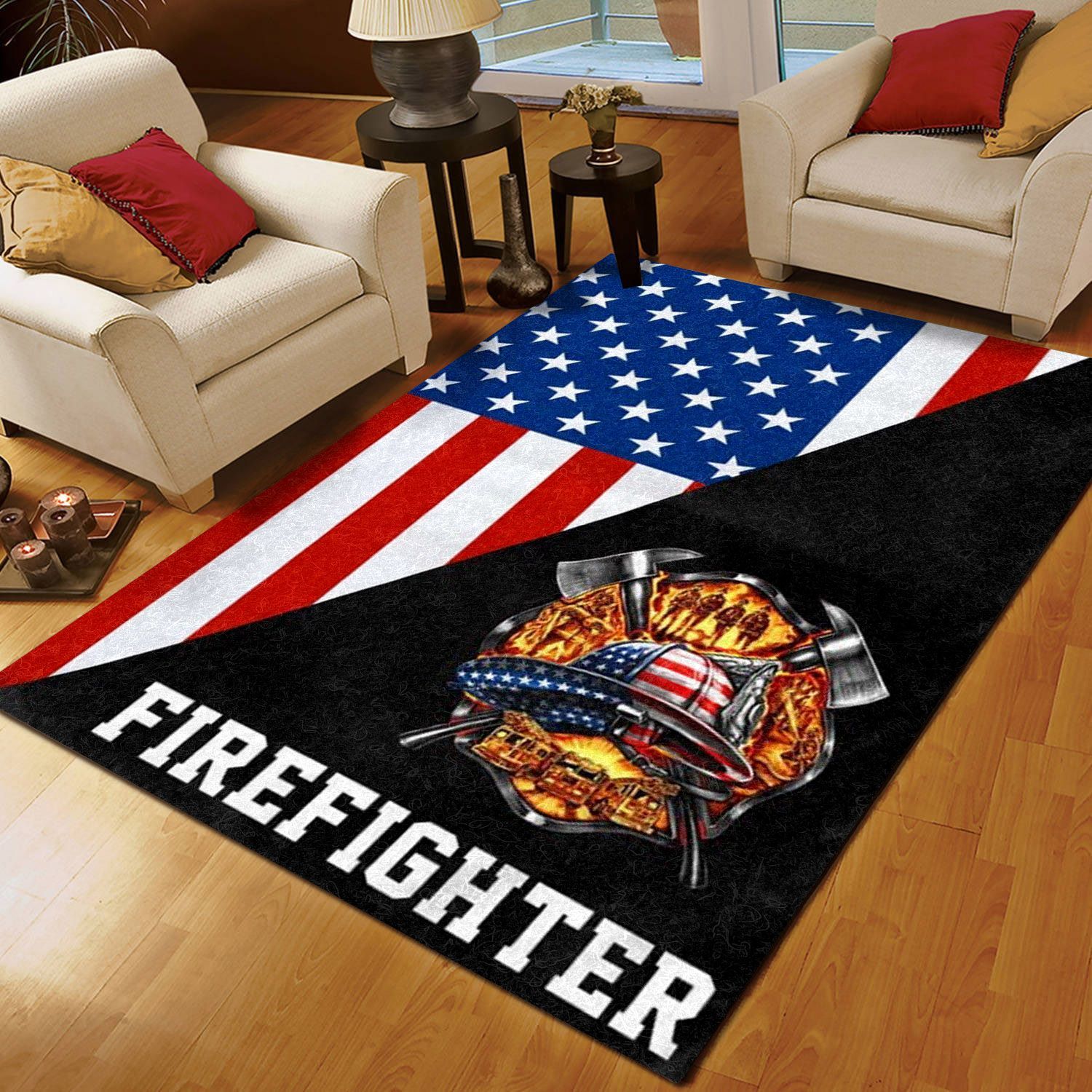Firefighter American Flag Rugs, Firefighter Area Rug, Fireman Carpet Gifts for Dad, Son, Fireman, Firefighter Lovers