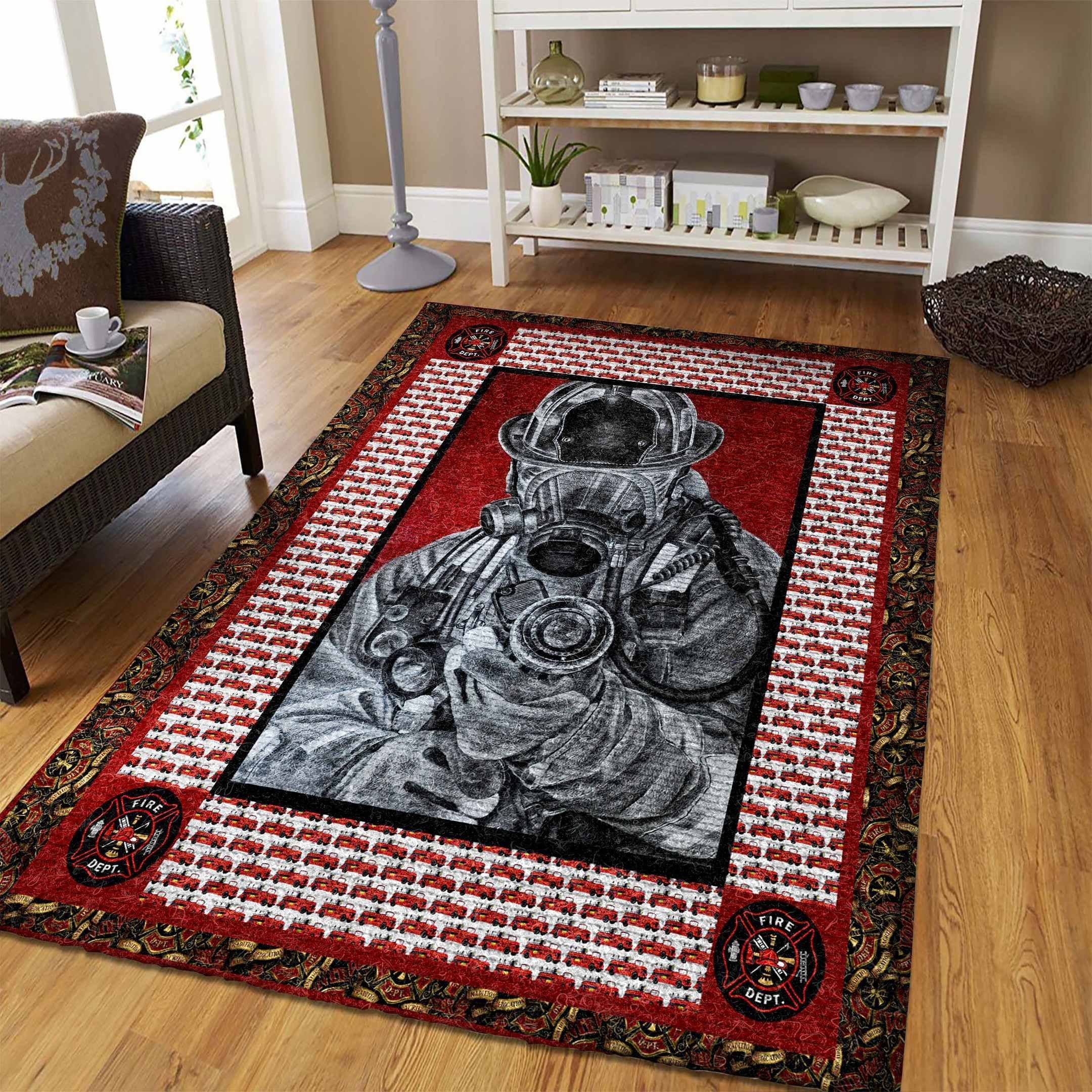 Firefighter Fire Department Logo with Truck Fire Rugs, Firefighter Area Rug, Fireman Carpet Gifts for Dad, Son, Fireman, Firefighter Lovers