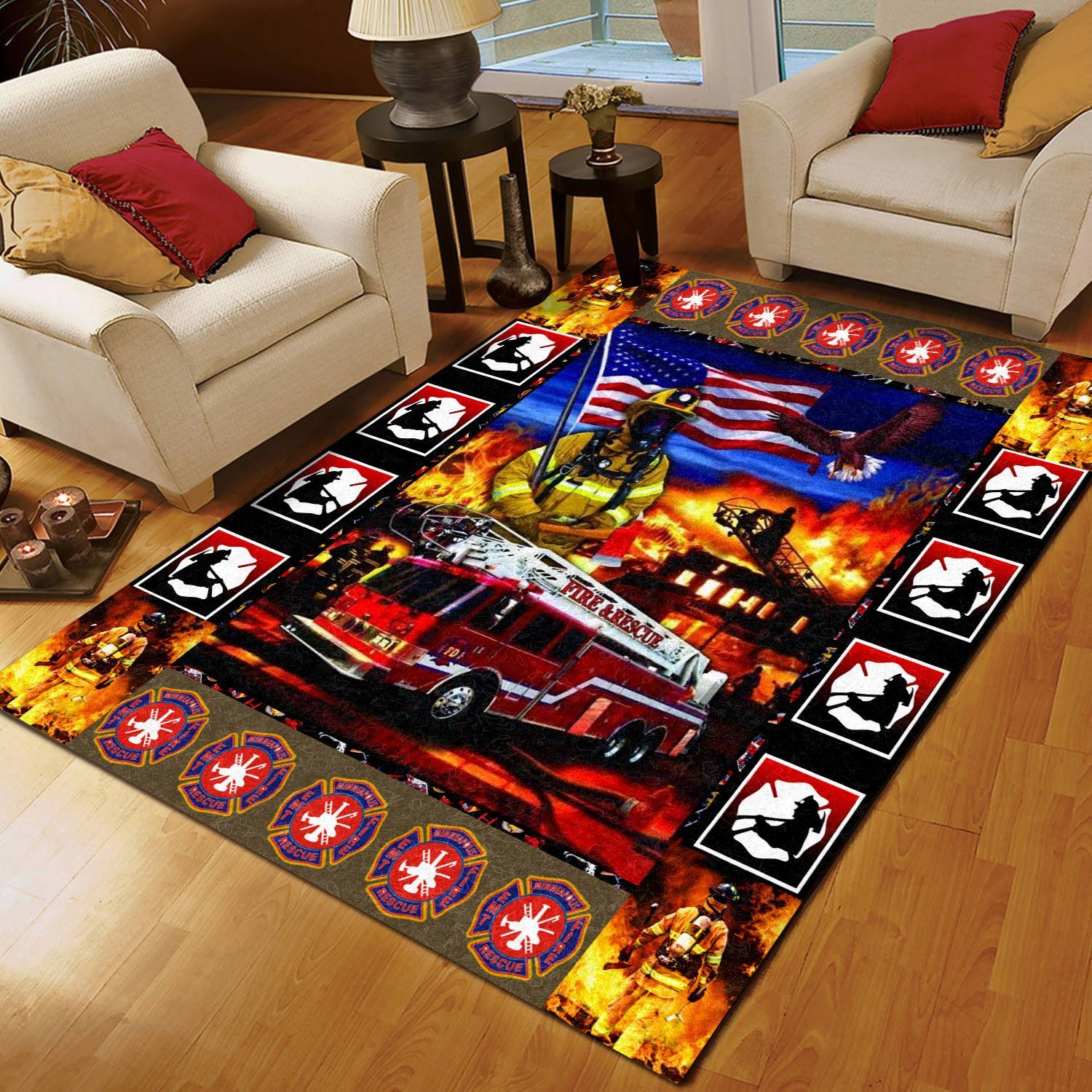 Firefighter Pattern Fire Truck Rugs, Firefighter Area Rug, Fireman Carpet Gifts for Dad, Son, Fireman, Firefighter Lovers